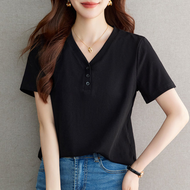 Purple V-neck Short-sleeved T-shirt for women 2025 new summer hot women's loose high-end front shoulder half-sleeved tops
