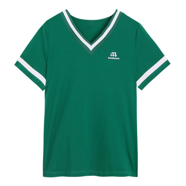 Green V-neck Short-sleeved T-shirt for women 2024 summer new half-sleeved loose and fashionable shoulder top high-end T-shirt
