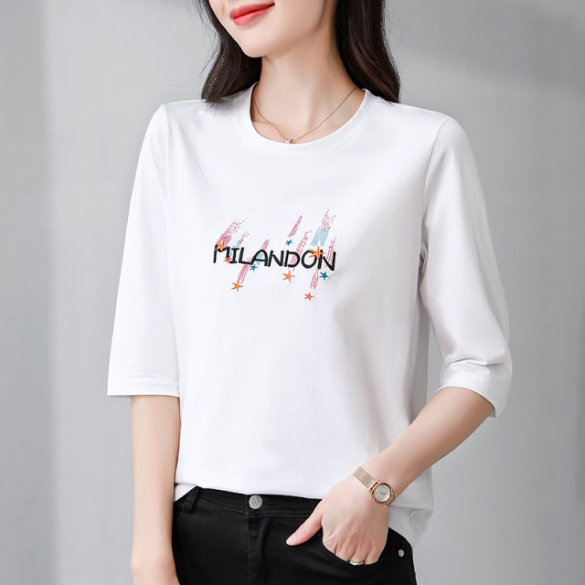 Mid-sleeved top three-quarter sleeve blue T-shirt women's short-sleeved 2024 new summer thin loose half-sleeved T-shirt

