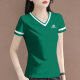 Green V-neck Short-sleeved T-shirt for women 2024 summer new half-sleeved loose and fashionable shoulder top high-end T-shirt
