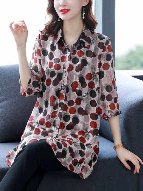Polka dot chiffon shirt for women mid-length shirt for summer quarter sleeve top fashionable loose large size mother dress shirt