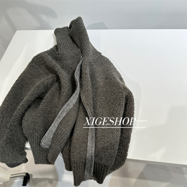 Korean wool knitted cardigan sweater jacket for women in autumn and winter loose thick large lapel double zipper short top