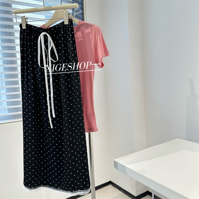 Polka dot lace lace skirt for women for elastic waist tied with streamers sweet niche A-line mid-length satin skirt summer