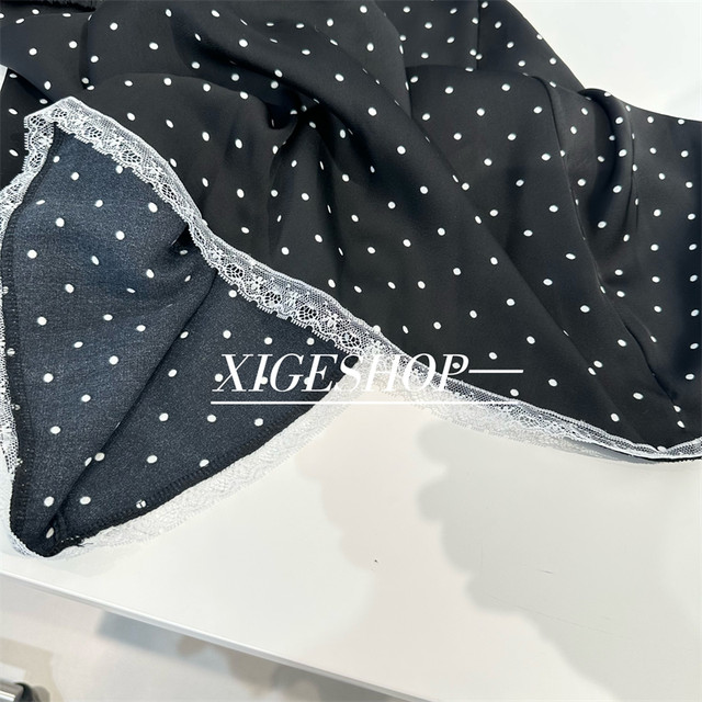 Polka dot lace lace skirt for women for elastic waist tied with streamers sweet niche A-line mid-length satin skirt summer
