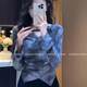 French hot girl V -neck dyed long -sleeved T -shirt female in the spring and autumn with high -level sense unique waist irregular short tops
