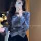 French hot girl V -neck dyed long -sleeved T -shirt female in the spring and autumn with high -level sense unique waist irregular short tops
