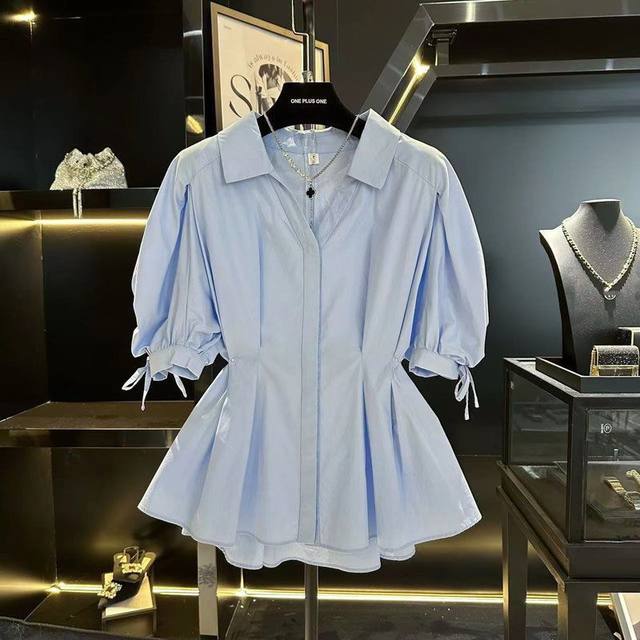 Large size waist-retracting puff sleeve white shirt short-sleeved women's 2025 new fat mm high-end and beautiful half-sleeved top
