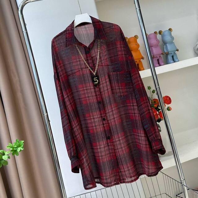 Starry Sky Flash Plaid Sunscreen 0085# Summer Long Sleeve Loose Air Conditioning Shirt Casual Mid-Length Plaid Shirt Top