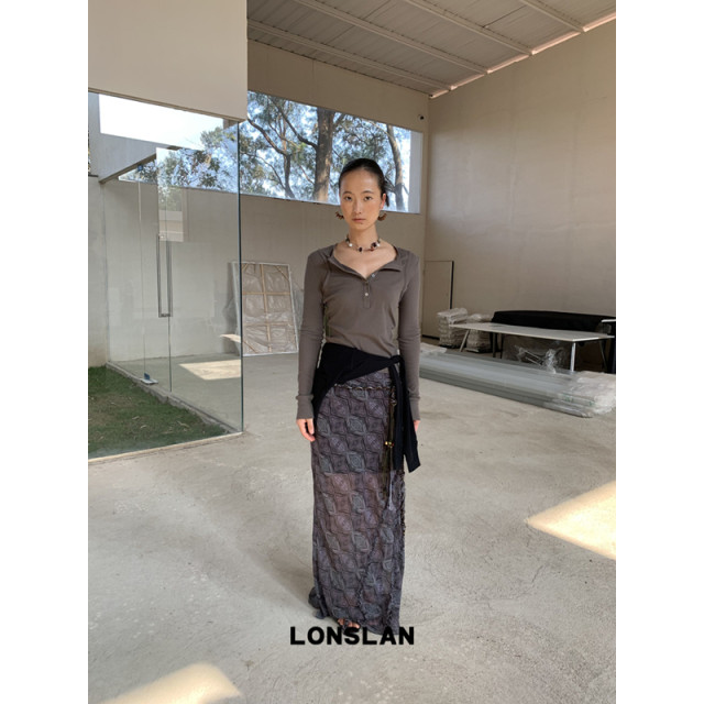 LOSLAN 25SS spring and summer new model niche pattern printed irregular lace yarn skirt

