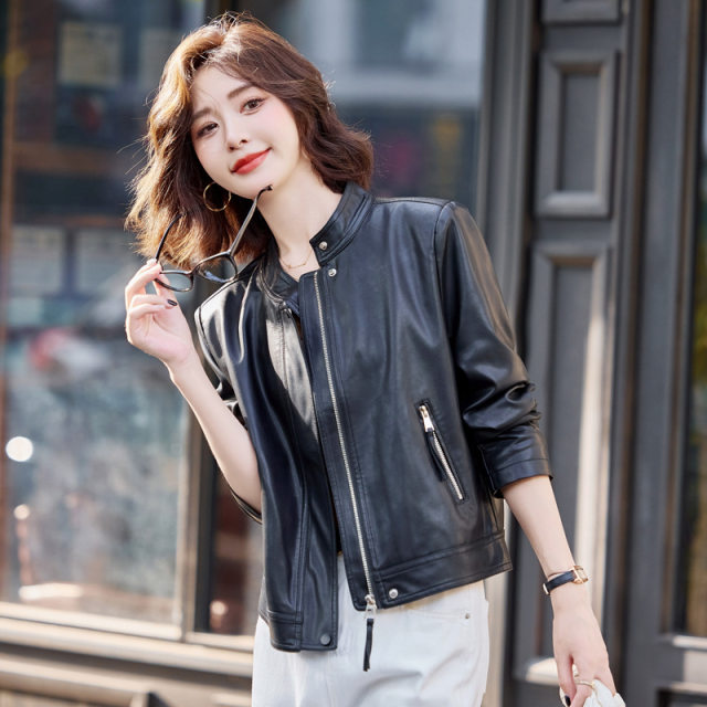 2025 new motorcycle leather jacket for women cool style stand collar short wallet sheepskin leather XP JK3963