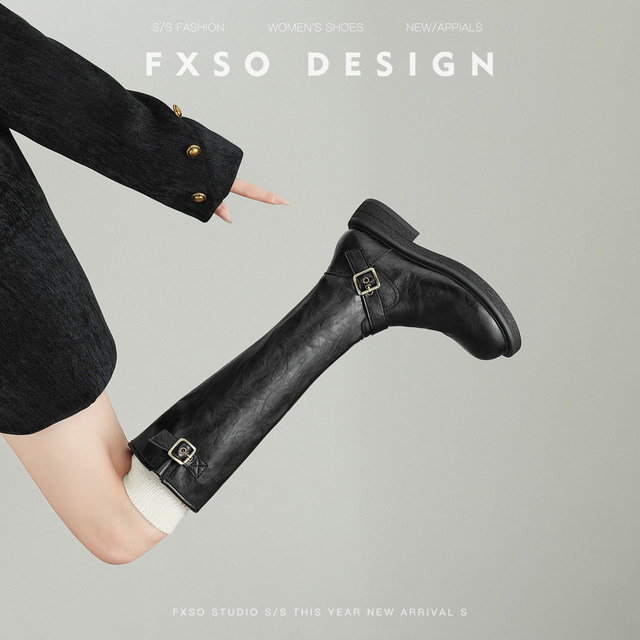 Fangxiang Genuine Leather Maillard 2025 Autumn New Belt Buckle Knight Martin Boots Popular Style Small Tall Boots for Women