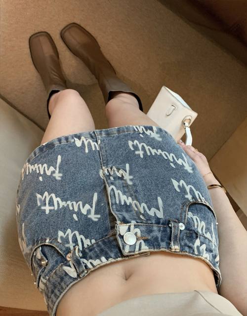 Large size fat sister printed denim skirt female summer new style is thin, high waist A -line retro hip skirt