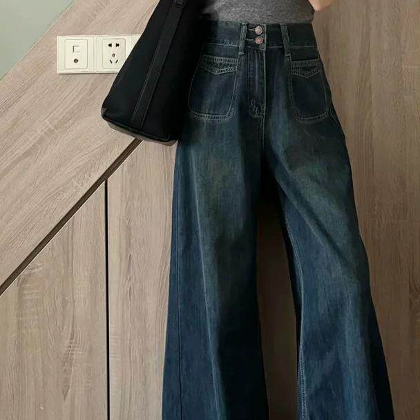American retro wide-leg jeans for women in spring and autumn large size slightly fat mm high waist loose slim pear-shaped body pants trendy