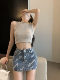 Large size fat sister printed denim skirt female summer new style is thin, high waist A -line retro hip skirt