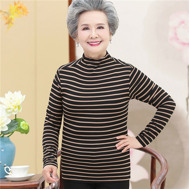 Mom wear spring and autumn long-sleeved half-high-neck base shirt grandma wear autumn clothes middle-aged and elderly women's autumn striped T-shirt