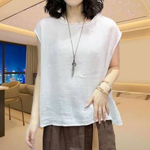 Summer large size loose solid color round neck sleeveless top linen T-shirt casual vest literary shirt for women
