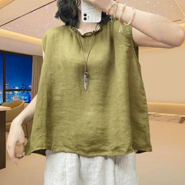 Summer large size loose solid color round neck sleeveless top linen T-shirt casual vest literary shirt for women
