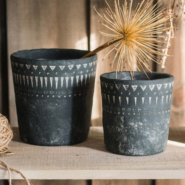 
Juhan retro black pottery cement flower pot African element decorative ceramic breathable flower pot soil culture high-end European gardening
