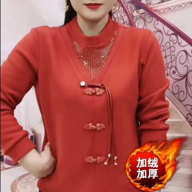 
Plush velvet and thickened Chinese style oblique placket buttoned long-sleeved mother's wear autumn and winter style versatile festive top