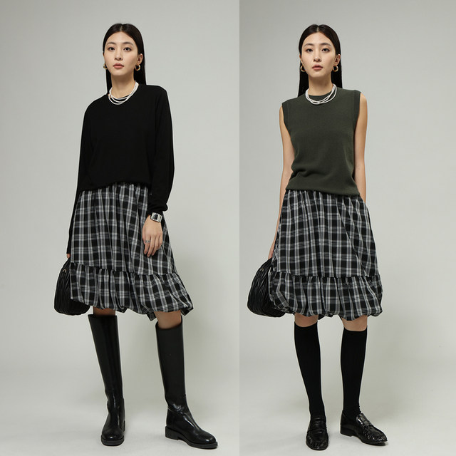 FANLE STUDIOS Autumn and winter retro MIU style flower bud mid skirt high waist temperament casual A-line plaid skirt