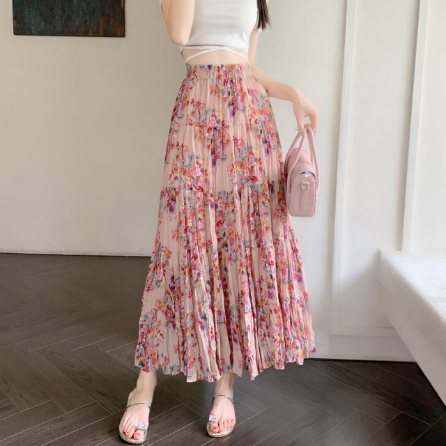 Chiffon cake long skirt women's skirt summer 2025 new temperament elastic high waist cover a line floral skirt