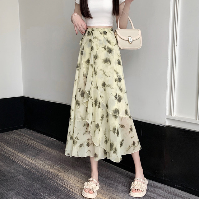 Ruffled floral skirt for women in summer 2025 new ink printing mid-length one-piece hip-pack chiffon skirt