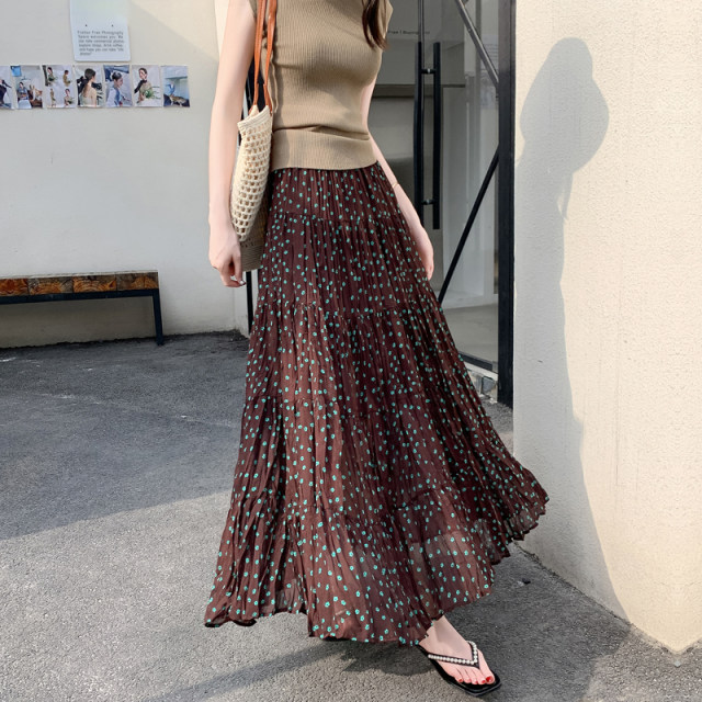 Chiffon cake long skirt women's skirt summer 2025 new temperament elastic high waist cover a line floral skirt