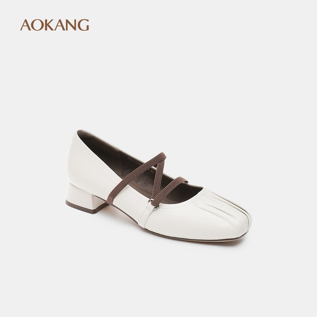 Aokang Women's Shoes 2025 Spring Mary Jane Famous Gold Madeline Heel Medium Heel Shoes Delivered in Store

