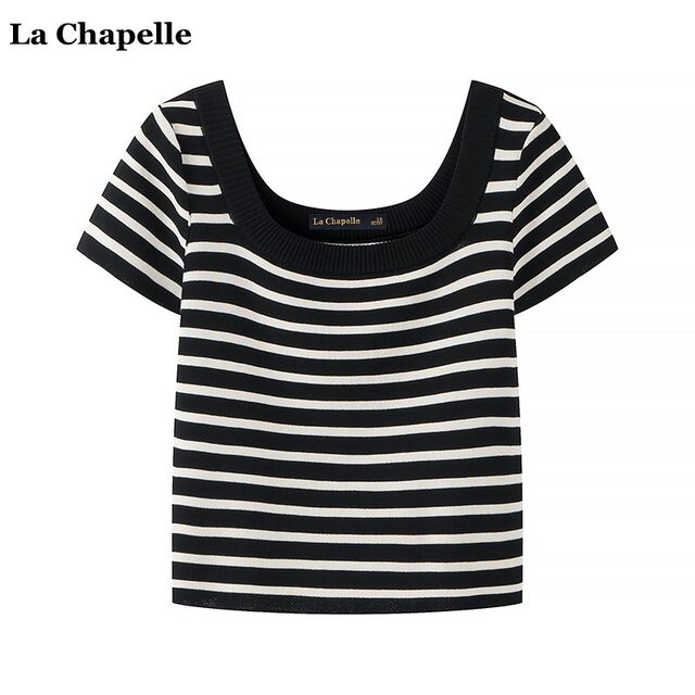 La Chapelle French U-neck Knitted Short Sleeve Top for Women's Summer Thin Slim Stripe T-shirt