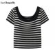 La Chapelle French U-neck Knitted Short Sleeve Top for Women's Summer Thin Slim Stripe T-shirt