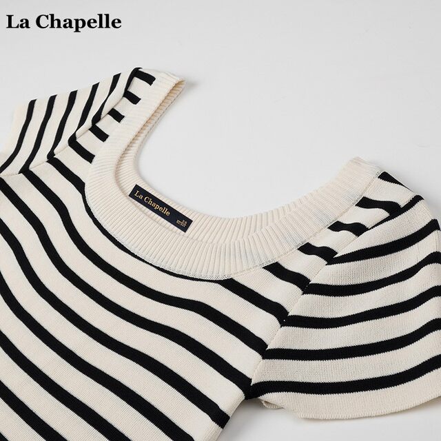 La Chapelle French U-neck Knitted Short Sleeve Top for Women's Summer Thin Slim Stripe T-shirt