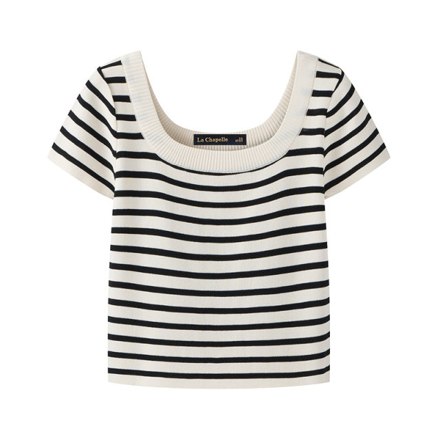 La Chapelle French U-neck Knitted Short Sleeve Top for Women's Summer Thin Slim Stripe T-shirt