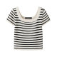 La Chapelle French U-neck Knitted Short Sleeve Top for Women's Summer Thin Slim Stripe T-shirt