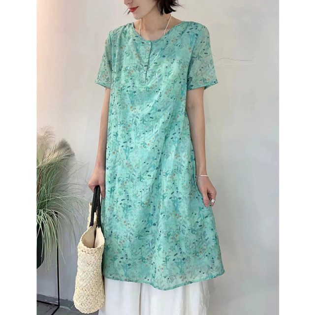 Porcelain pure cotton floral mid-length top double-layer impervious literary retro print loose single-wearing dress