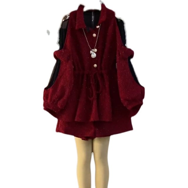 Fat sister large size women's clothing 2022 early spring new style small fragrance style loose waist top shorts slimming two-piece suit