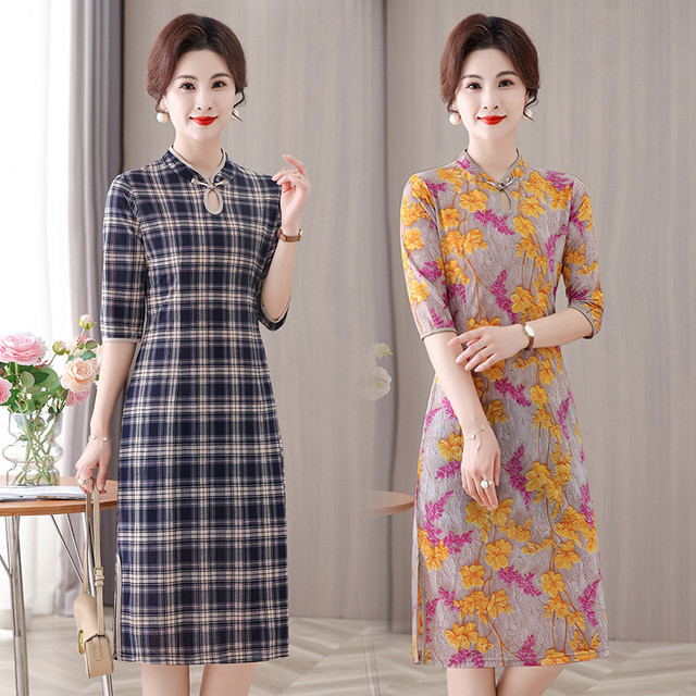 This summer new style of middle-aged and elderly mothers retro temperament Chinese cheongsam dress improved version skirt popular thin