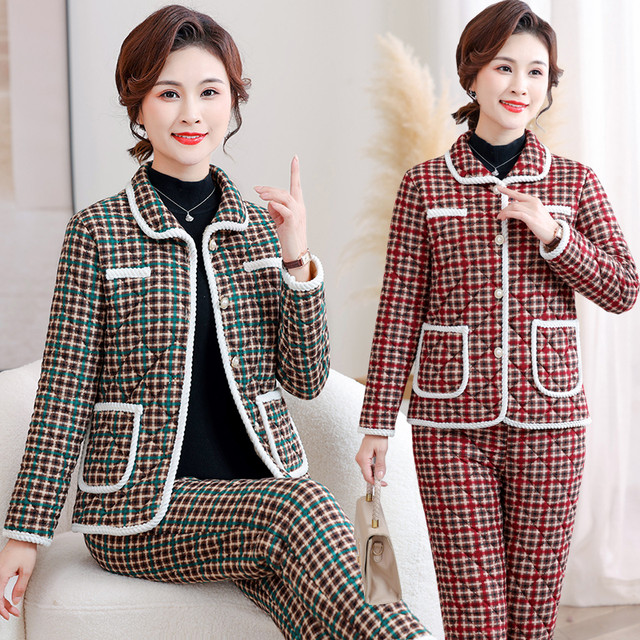 New autumn and winter mother's long-sleeved cotton coat and cotton pants two-piece suit large size loose three-layer thickened cotton coat warm winter clothing