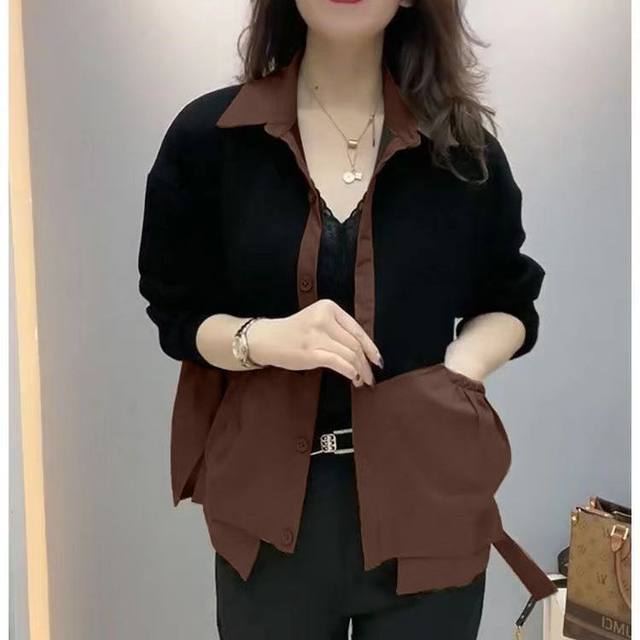 2025 high-end contrasting color splicing women's jacket spring new style polo collar double pocket loose casual mother suit