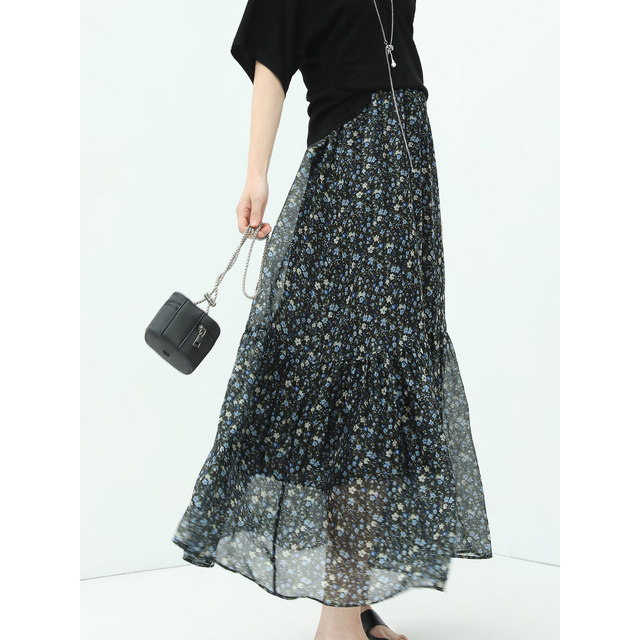 COCOBELLA temperament flowing printed large pleated floral skirt A-line long skirt HS117