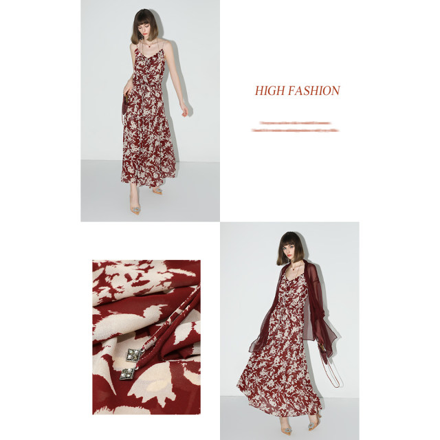 COCOBELLA heavy industry silk ruffle suspender skirt printed chiffon long skirt FR187