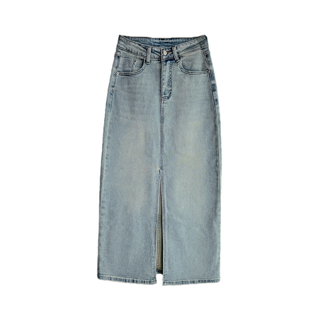 2025 retro green washing old denim skirt summer new high-waisted hip straight slit long skirt