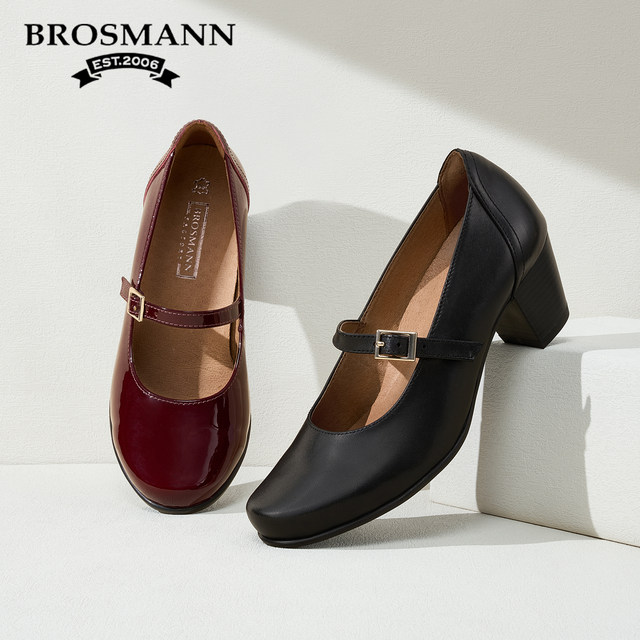 Baoshuman genuine leather Mary Jane shoes for women new thick high heels cowhide soft sole commuting retro leather shoes shallow mouth single shoes