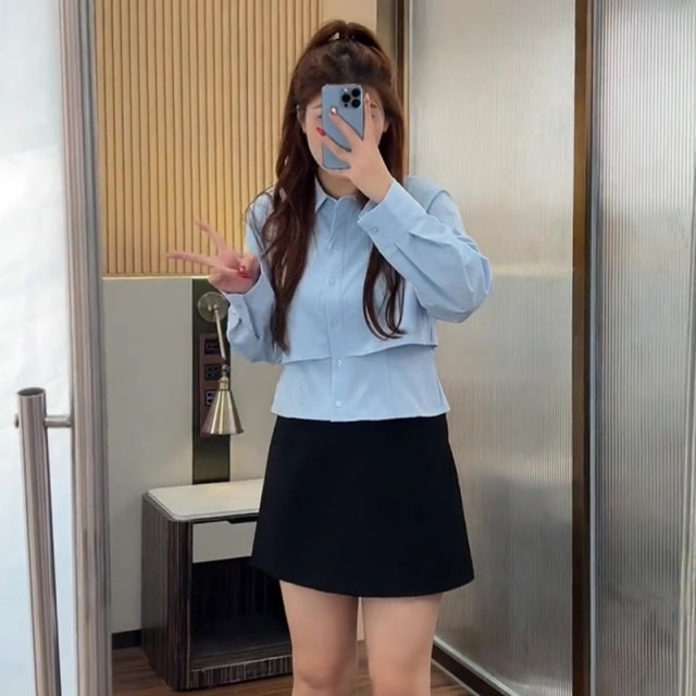 Black commute A -line suit short skirt women autumn and winter versatile large size cover high waist high waist anti -bare woolen hip skirt