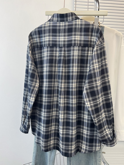 Power style dressing plaid shirt for women early autumn large size American retro loose exterior sunscreen shirt lazy style top