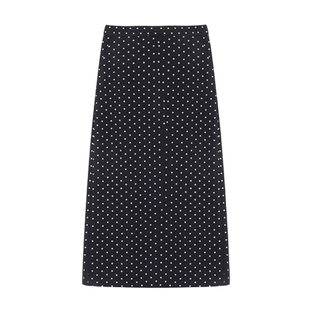 Black wave dot suits skirt women's autumn and winter large size fat MM covered belly high waist and thin straight tube split bag hip long skirt

