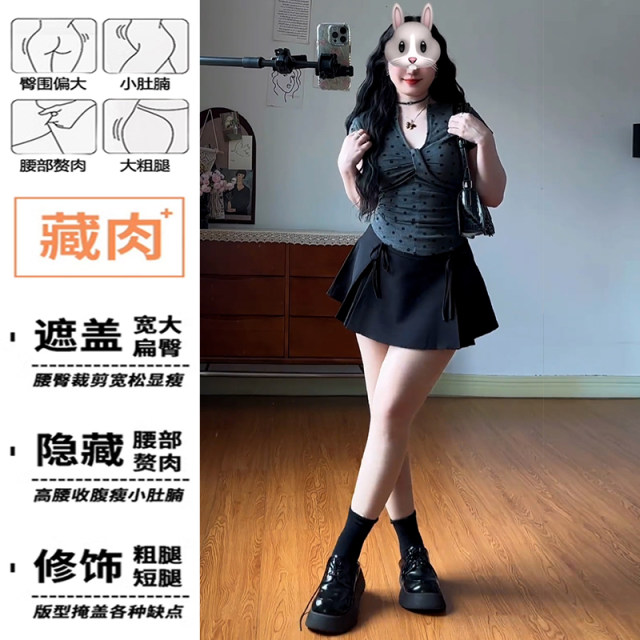 Korean hot girl pleated skirt for women with summer bow tie high waist slim and slightly fat large size hip cover A-line short skirt
