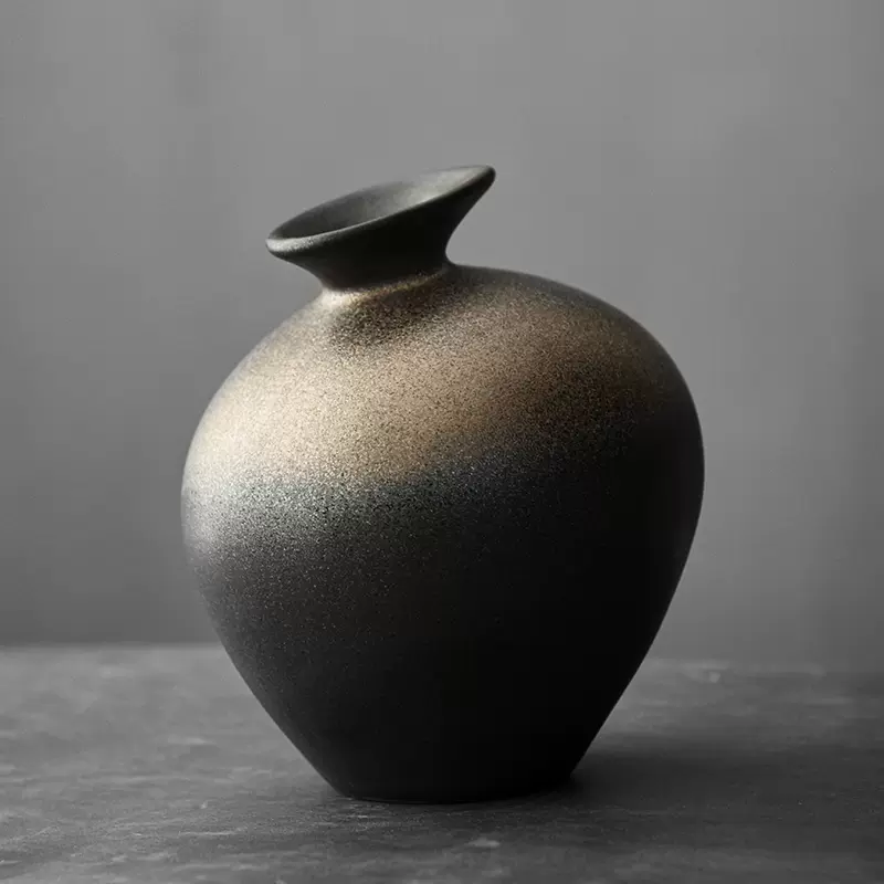 日式粗陶花瓶手工花器鎏金秞陶瓷禅意花器桌面摆件