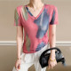 Fashionable age-reducing tie-dye printed short-sleeved T-shirt for women's summer new sexy V-neck mesh top slim-fitting meat-covering shirt