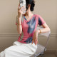 Fashionable age-reducing tie-dye printed short-sleeved T-shirt for women's summer new sexy V-neck mesh top slim-fitting meat-covering shirt