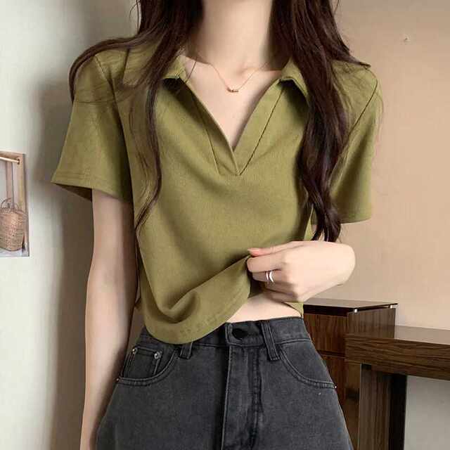 Green POLO Short Short -sleeved T -shirt Female Short Summer Slim Slim Vedic Cotton Pure Cotton Pure Cotton Plate White Top